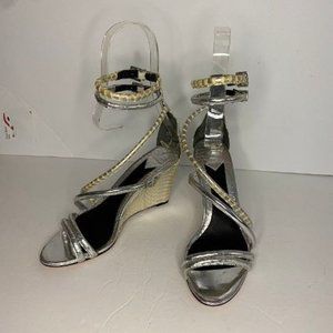 B BRIAN ATWOOD SEDINI Metallic Silver Leather Wedge Gladiator Sandals Size 8
